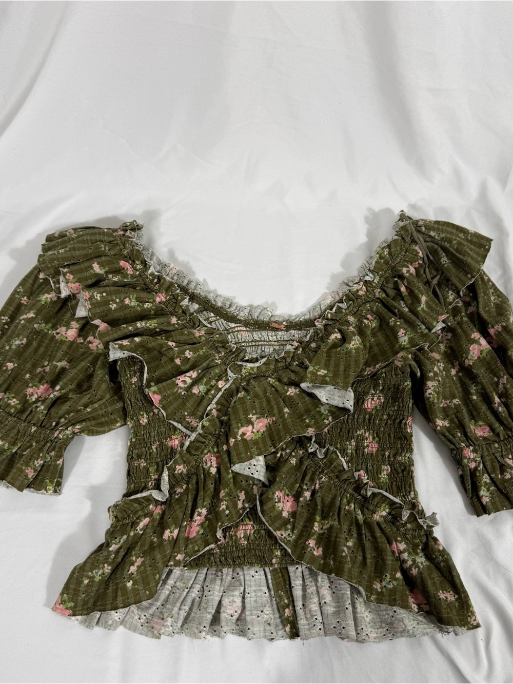 Free People Blouse Womens M Green Floral Ruffle Puff Sleeve Cropped Top Boho